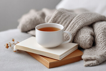 Digital Detox & Burnout Recovery Retreat. Cozy scene with a cup of tea on books and a soft sweater backdrop.