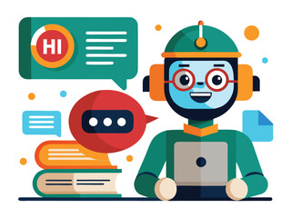 Friendly blue robot with glasses and headphones interacting with chat bubbles and books chatbot artificial intelligence