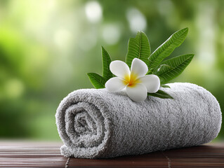 Digital Detox & Burnout Recovery Retreat. A rolled towel with a flower and leaves, set against a blurred green background.