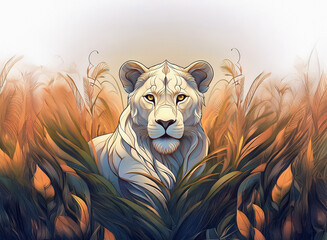 A majestic white lion is sitting in tall grass. A blurred and bright background creates a serene atmosphere around this noble creature.