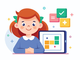 Girl learning math on tablet with colorful game elements education