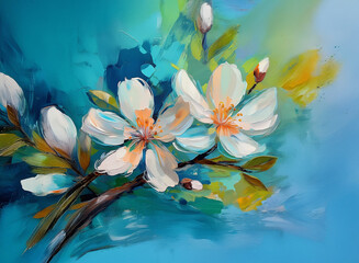 White blossoms with orange centers and green leaves on a branch are depicted in a painterly style against a vibrant blue and green background.