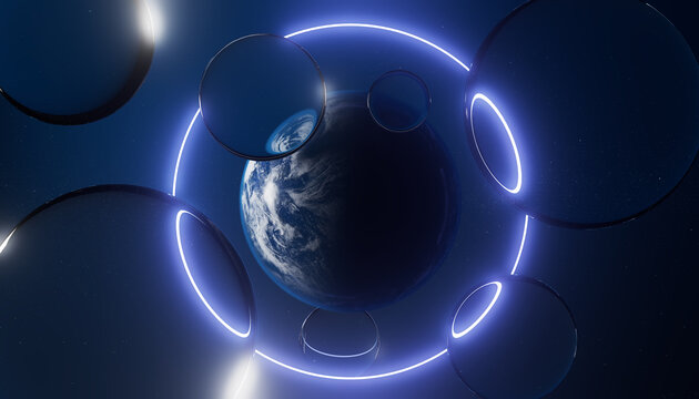 3D Earth with abstract neon ring and Glass shapes