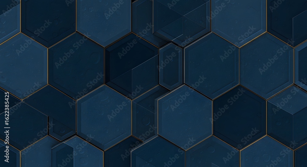 Aufkleber an abstract geometric background of dark blue hexagons with thin gold outlines, creating a textured,