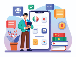 Man with tablet near smartphone showing language learning apps and books vector