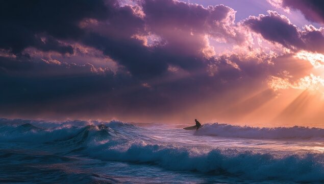 Dramatic sunrise over a stormy ocean with a surfer - Powered by Adobe