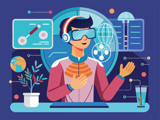 Person wearing virtual reality headset interacting with holographic educational displays learning technology