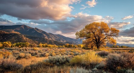 Taos Fall. Golden Hour Landscape of Rio Grande Gorge with Autumn Trees and Mountain Silhouette