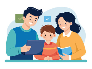 Parents guiding child with tablet and book family learning