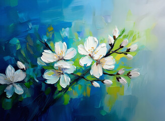 White blossoms on branches are painted against a vibrant blue and green background, creating a fresh, nature-inspired artwork.