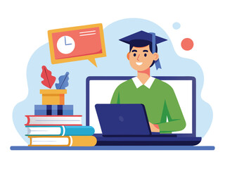 Student watching lecture on laptop with books and clock online learning