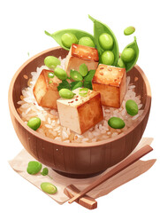 Doodle Vector Clipart of Brown Rice Bowl with Grilled Tofu and Edamame, Symbolizing Longevity Diet