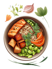 Doodle Vector Clipart of Brown Rice Bowl with Grilled Tofu and Edamame, Symbolizing Longevity Diet