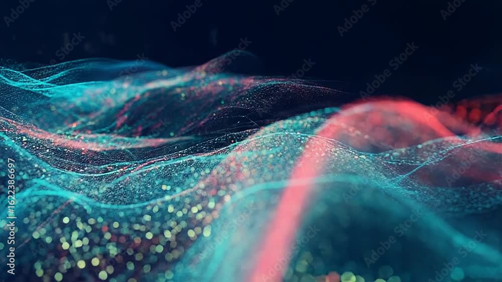 Poster abstract particles background forming wavy shapes with depth of field