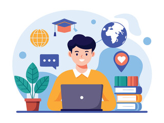 Young man learning online with laptop and books student education