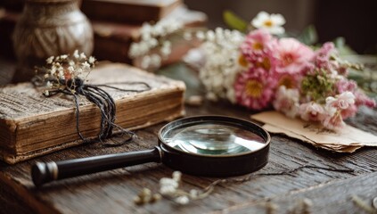 Antique book, magnifying glass, and flowers on a rustic wooden table