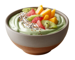 Compostable Cornstarch Bowl with Matcha Pudding, Chia, and Fruit, Isolated on Transparent Background