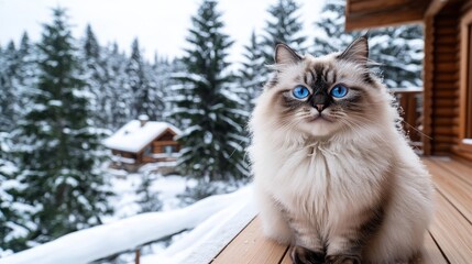 Ragdoll cat with blue eyes sits on a porch in a snowy landscape