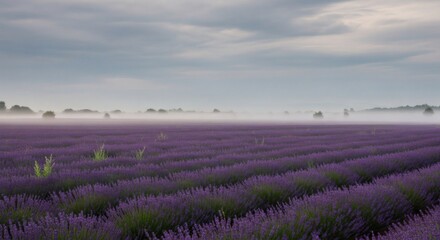 Lavender Field at Dawn: A serene landscape showcasing rows of lavender flowers stretching to the horizon, shrouded in a delicate mist under a tranquil sky, evoking a sense of peace and tranquility.
