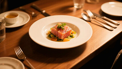 Elegant Salmon Dish in Upscale Restaurant Setting