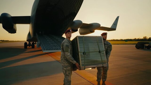 Military logistics team unloading cargo from aircraft at sunset for tactical supply chain and mission deployment support on airbase runway