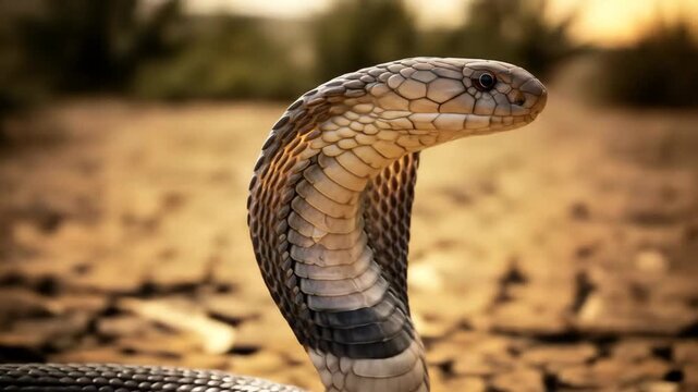Majestic Cobra Spreading Hood in a Close-Up Shot, Dangerous Wild Reptile