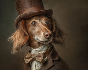 A dachshund dog dressed in formal, vintage clothing resembling a classic portrait painting. The dog wears a suit jacket, waistcoat, and a cravat, set against a dark, painterly background.