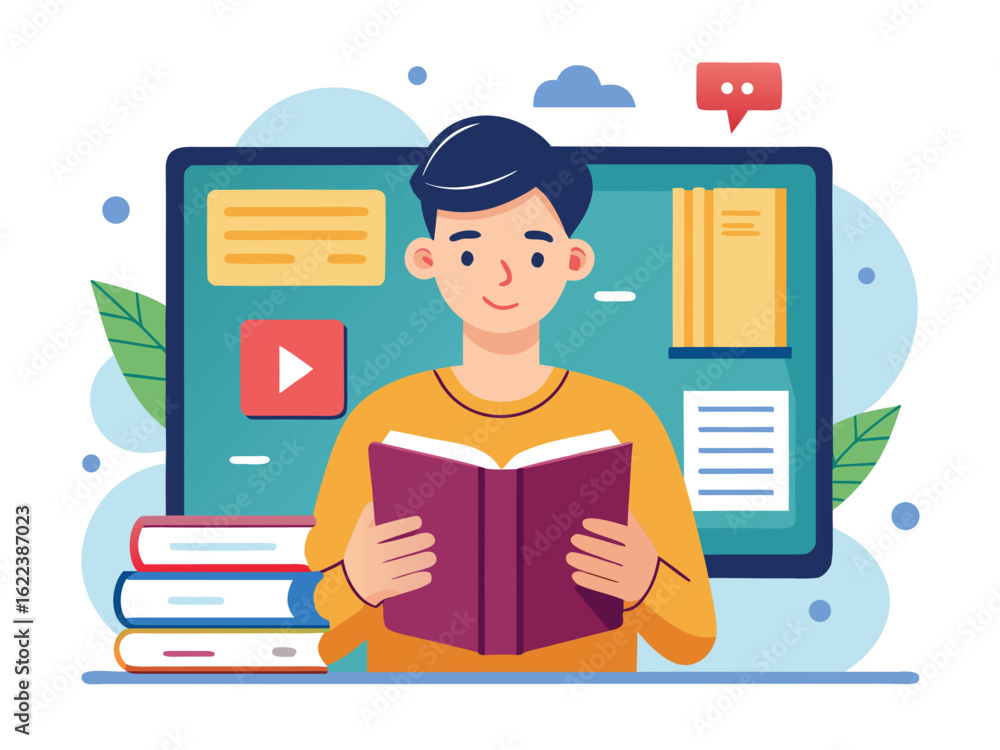 Poster young person reading a book on a tablet device with stacked books and digital elements vector