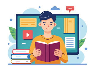 Young person reading a book on a tablet device with stacked books and digital elements vector