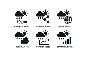 flat black solid icon items isolated on white background weather forecasting model (types): numerical model ensemble model global model regional model nowcast model statistical model