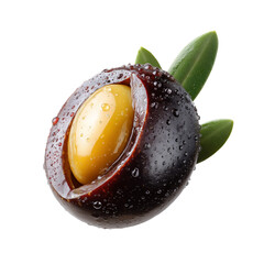 a Ripe Black Olive, Expertly Captured with Focused Lighting and Isolated on a Transparent Background, Showcasing Smooth Skin and Natural Contours