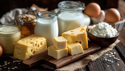 Assorted dairy and grain products arranged on a rustic wooden table