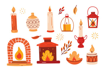 Candle Lights: An array of candle lights, from the cozy glow of a fireplace to the warmth of individual candle, representing illumination and comfort.