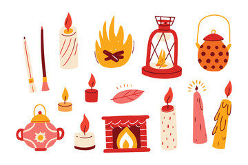 Burning Embers and Radiant Glows: A collection of candles, lamps, and a fireplace, each with its own dancing flame, casts a warm and inviting atmosphere. 