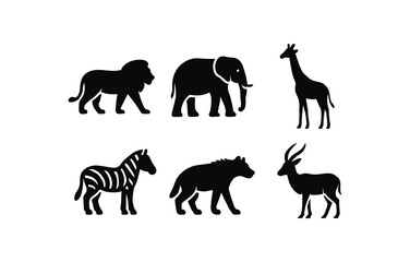 Obraz premium flat black solid icon items isolated on white background savanna ecosystem (animals): lion elephant giraffe zebra hyena antelope