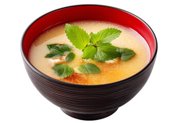 a Classic Japanese Miso Soup, Featuring Tofu Cubes, Wakame Seaweed, and Sliced Green Onions, Expertly Captured with Focused Lighting and Isolated on a Transparent Background