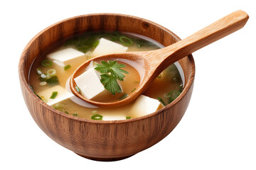 a Classic Japanese Miso Soup, Featuring Tofu Cubes, Wakame Seaweed, and Sliced Green Onions, Expertly Captured with Focused Lighting and Isolated on a Transparent Background
