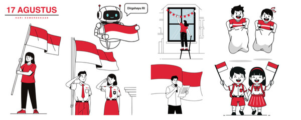 Ilustrasi perayaan 17 Agustus menampilkan anak-anak lomba karung, pengibaran bendera, dan hiasan kemerdekaan dengan gaya minimalis dan nuansa merah putih yang ceria.
