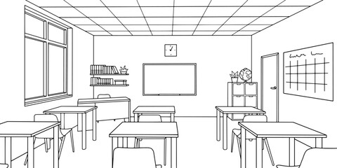 Classroom graphic black white interior sketch illustration vector 