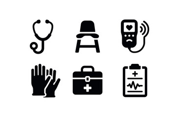 flat black solid icon items isolated on white background midwife (tools): stethoscope birthing stool fetal doppler gloves delivery kit record chart
