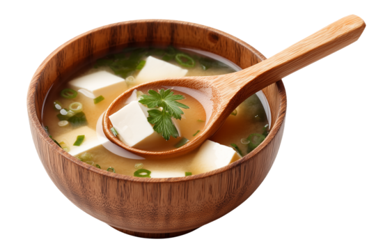 a Classic Japanese Miso Soup, Featuring Tofu Cubes, Wakame Seaweed, and Sliced Green Onions, Expertly Captured with Focused Lighting and Isolated on a Transparent Background