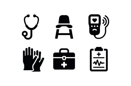 flat black solid icon items isolated on white background midwife (tools): stethoscope birthing stool fetal doppler gloves delivery kit record chart