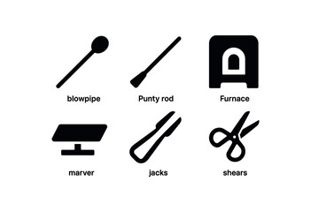 Fototapeta premium flat black solid icon items isolated on white background glassblow (tools): blowpipe punty furnace marver jacks shears