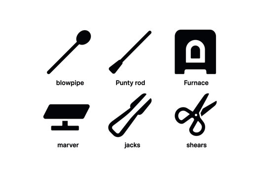 flat black solid icon items isolated on white background glassblow (tools): blowpipe punty furnace marver jacks shears