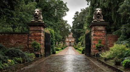 Grand estate gate with lion statues framing a long avenue towards a stately building