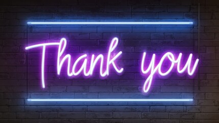 Thank You Purple Neon Sign on Brick Wall. Blue Glow and 3D Illustration. Trendy Design for Appreciation.