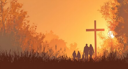 Thanksgiving Christianity: Family Seeking the Cross in Autumn Sunrise