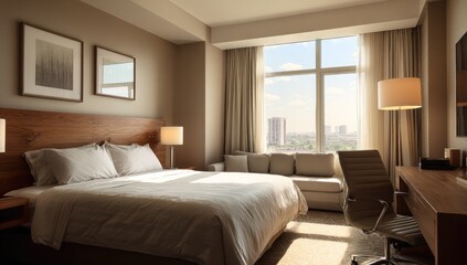 Fototapeta premium Modern hotel room with city view