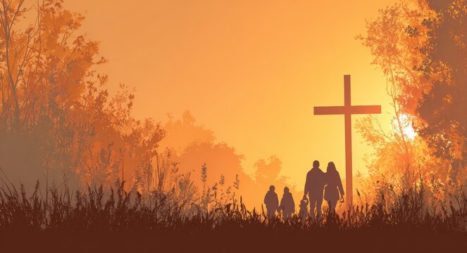 Thanksgiving Christianity: Family Seeking the Cross in Autumn Sunrise