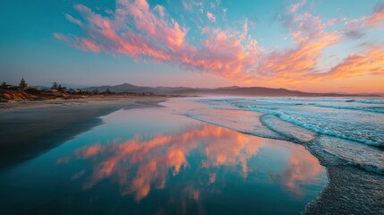 Fototapeta premium Beach sunset reflection. Pink clouds mirrored in calm water